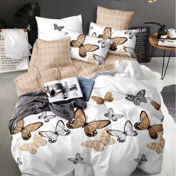 Pościel 160x200 flanelowa biała brązowa w motyle FL641